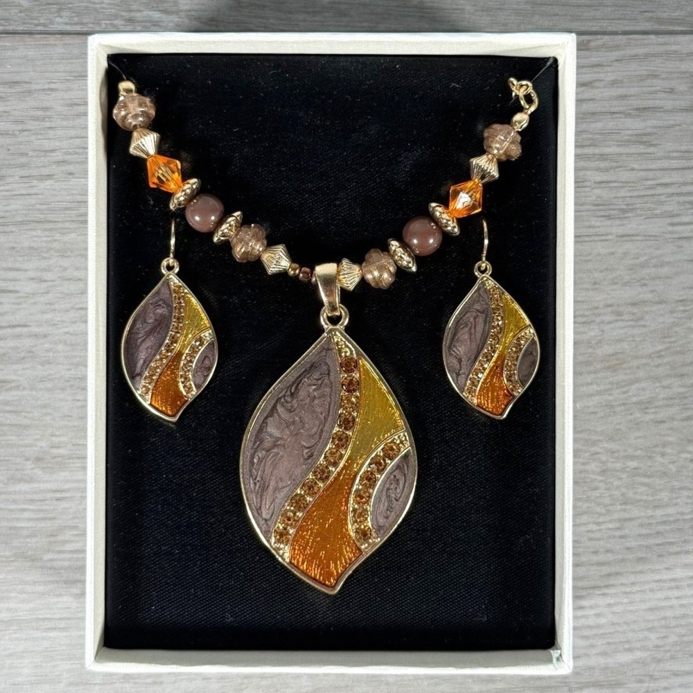 Mixit Jewelry Set Necklace Earrings Gold Tone Brown Amber Enamel New China
